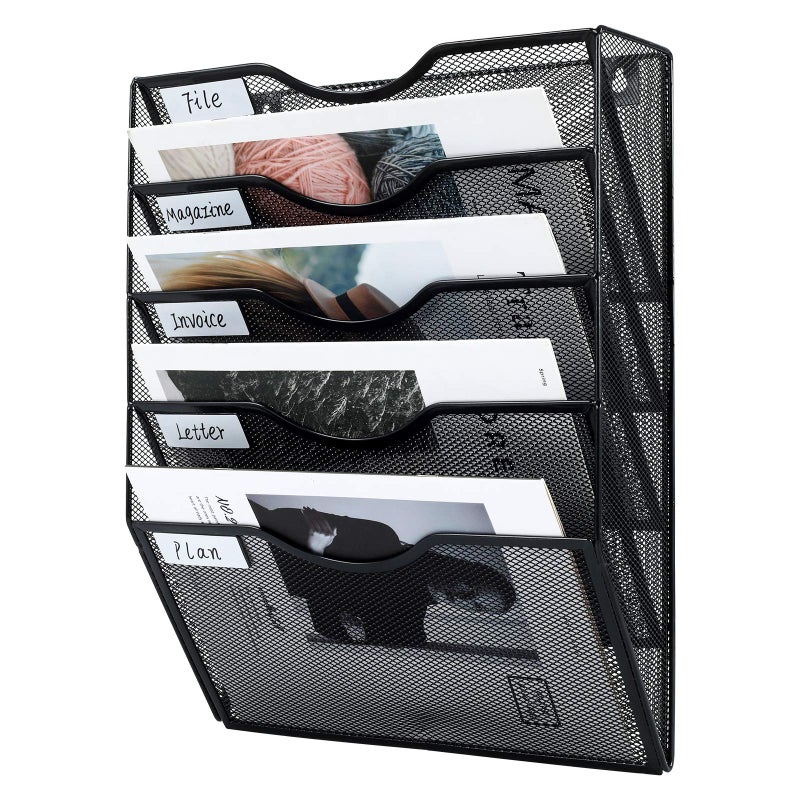 PAG Hanging Wall File Holder Mail Organizer Wall Mount Document Letter Rack, 5-Tier, Black - Image 2